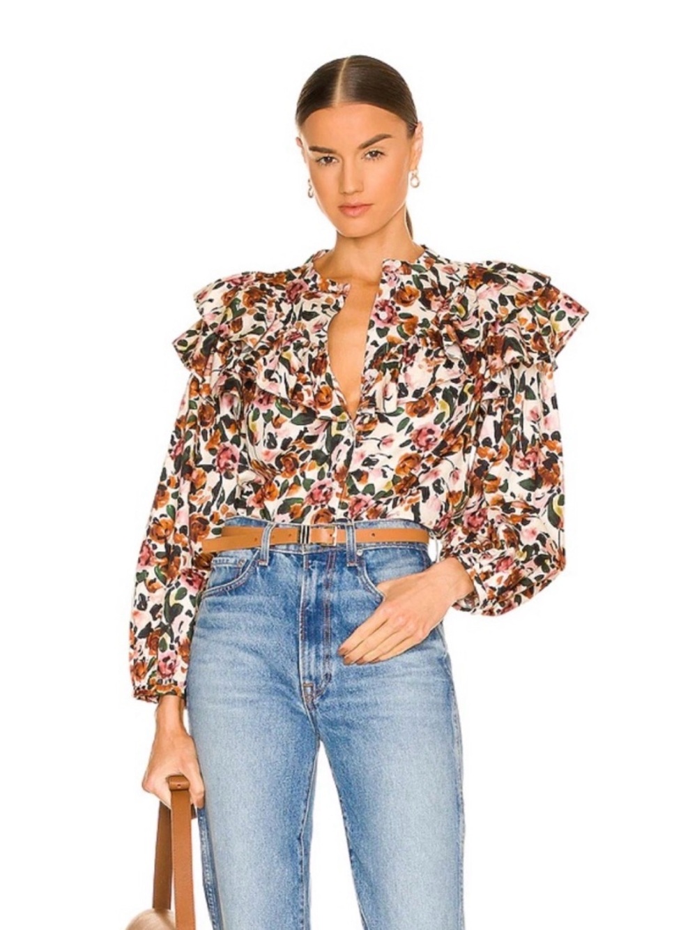 Something Navy Floral Ruffle Blouse in Cream Multi Size S